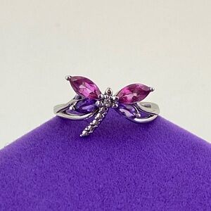 💛 10k White Gold Pink Topaz & Purple Amethyst & Diamond Dragonfly Ring | Luxe